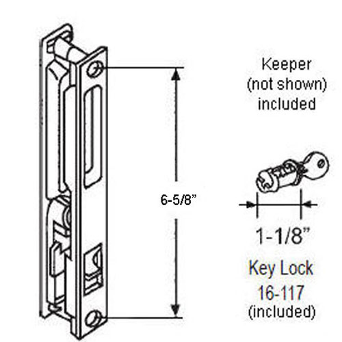 Keyed Chrome Flush Mount Sliding Glass Door Handle Set, 6-1/2&quot; Screw Holes with Five Hooks | 13-192K | 13192K