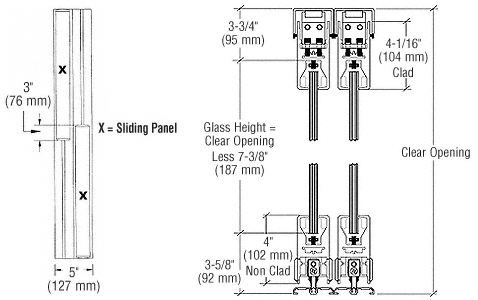 C.R. Laurence CRL Satin Anodized XX Format Sliding Door Entrance System - 4&quot; Top and Bottom Square Rail | 4SDR2BSA