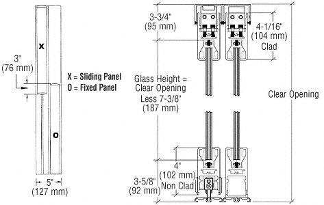 C.R. Laurence CRL Satin Anodized XO/OX Format Sliding Door Entrance System - 4&quot; Top and Bottom Square Rail | 4SDR2CSA