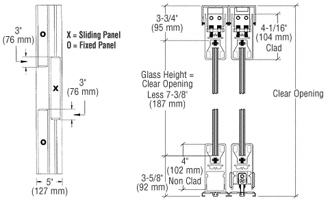 C.R. Laurence CRL Satin Brass OXO Format Sliding Door Entrance System - 4&quot; Top and Bottom Square Rail | 4SDR3ESB