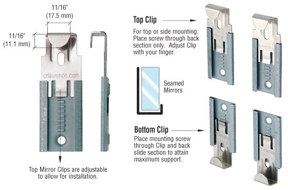 C.R. Laurence CRL Nickel Plated Adjustable Mirror Clip Set for 1/4&quot; (6 mm) Seamed Mirror- Bulk 50 Pack | 5064114