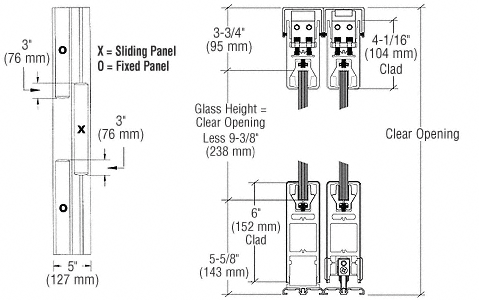 C.R. Laurence CRL Brushed Stainless OXO Format Sliding Door Entrance System - 4&quot; Square Top 6&quot; Square Bottom Rail | 6SDR3EBS