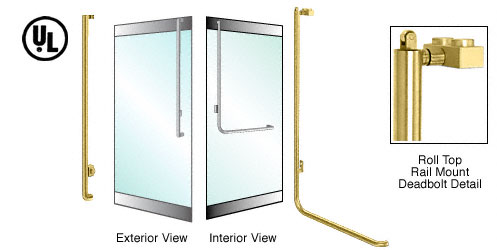 C.R. Laurence CRL Satin Brass Left Hand Reverse Roll Top Rail Mount Keyed Cylinder Access &quot;J&quot; Exterior Top Securing Deadbolt Handle | DBR100J4RKSB