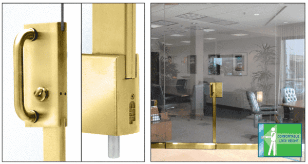 C.R. Laurence CRL Polished Brass 4&quot; x 10&quot; Center Lock With Bottom Rail Extension Rod Throw - One Point With Handle | DE4101PB