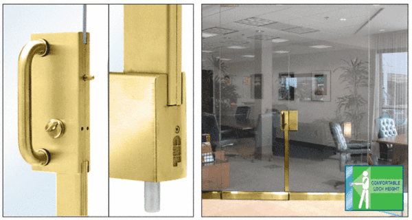 C.R. Laurence CRL Polished Brass 4&quot; x 10&quot; Center Lock With Bottom Rail Extension Rod Throw - Two Point With Handle | DE4102PB