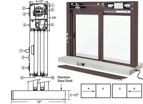 C.R. Laurence CRL Custom Size Duranodic Bronze All Electric Fully Automatic Deluxe Sliding Service Window - Stainless Steel Shelf | EDW1804DU