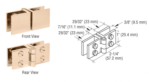 C.R. Laurence CRL Brass Finish Wide Face Glass-to-Glass In-Swing Set Screw Hinge - Package | EH166