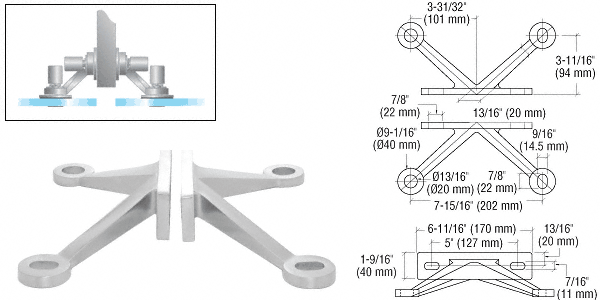 C.R. Laurence CRL Brushed Stainless Heavy Duty 4 Arm &quot;V&quot; Fin Mount Frame Spider | FMH4BS