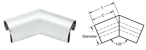 C.R. Laurence CRL Mill 2-1/2&quot; Diameter 135&amp;#186; Horizontal Corner for 1/2&quot; (12 mm) or 5/8&quot; (16 mm) Glass Cap Railing | GR25H3M
