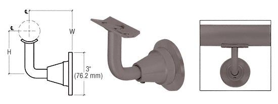 C.R. Laurence CRL Dark Bronze Anodized 3-Way Adjustable Concealed Surface Mounted Hand Railing Bracket for 1-1/2&quot;, 1.9&quot; and 2&quot; Diameter Tubing | HR2DWDU