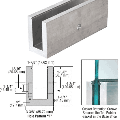 CRL Mill Aluminum 118-1/8&quot; (3 m) L25S Series Standard Square Base Shoe Drilled With 9/16&quot; Fascia Holes Patten &quot;F&quot; for 25.52mm Laminated Tempered Glass - 10 ft Long | L25S10F