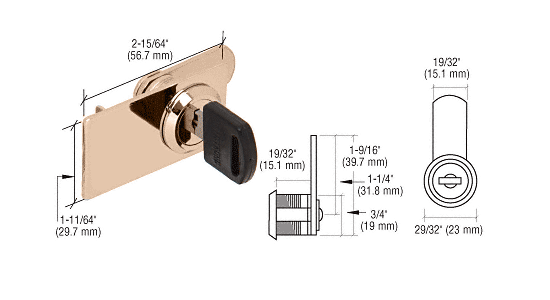 C.R. Laurence CRL Brass Plated Lock for Cabinet Swinging Glass Doors  | LK32