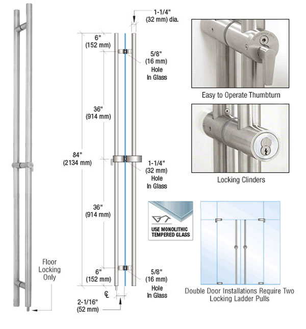 CRL 316 Brushed Stainless 84&quot; Locking Ladder Pull | LLPA84BS