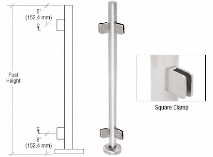 C.R. Laurence CRL 42&quot; Polished Stainless Steel Square Glass Clamp 135 Degree Center  Post Railing Kit | PS42APS
