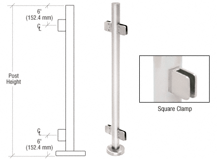 C.R. Laurence CRL 42&quot; Polished Stainless Steel Square Glass Clamp 180 Degree Center Post Railing Kit | PS42CPS