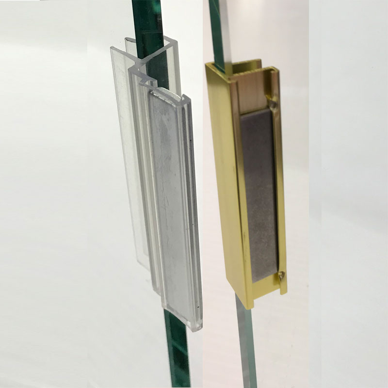 Universal Clear Polycarbonate U-Channel with Magnet and Bright Gold Metal Strike Plate for 3/16&quot; and 1/4&quot; Glass Shower Doors | UCPMGP