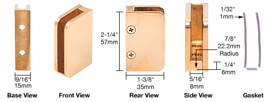 C.R. Laurence CRL Polished Brass 1/4&quot; Right Hand Closed Bottom Post Glass Clip | SA95BR