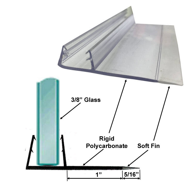 Gordon Glass&amp;#174; Universal Shower Door Polycarbonate U-Channel with 90 degree Vinyl Fin Seal for 5/16&quot; and 3/8&quot; Glass - 73&quot; Long | AGT430673